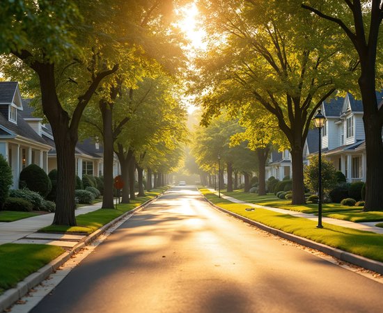 Quiet suburban street with houses, green trees. Peaceful residential neighborhood in warm morning sun